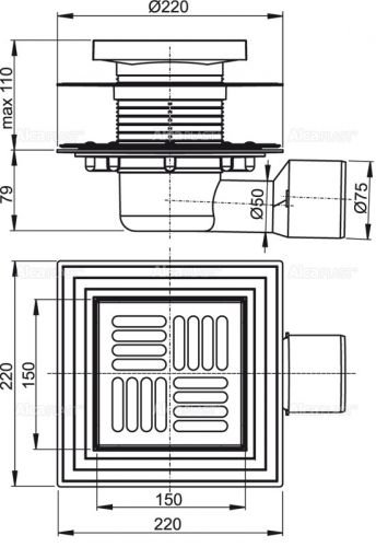 APV3444 Сливной трап 150 × 150/50/75, подводка – боковая, решетка – нержавеющая сталь, фланец –нерж сталь Alca Plast в Темрюке